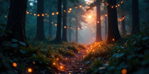 Twinkling lights woven through a dense forest, abstract, nature
