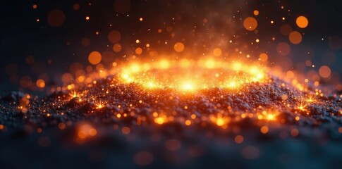 Fototapeta premium Twinkling sparks and flames surrounding a halo of shining golden circles, luminous, shine, radiance