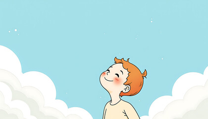 Happy boy looking up at clouds in a blue sky