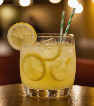 Vaso bajo con limonada, rodajas de lim&oacute;n, hielo y dos popotes verdes, en mesa iluminada con luz c&aacute;lida.