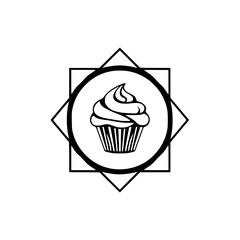 Simple, minimalist black and white cupcake icon with a star-like background.