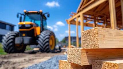 Construction Site with Heavy Machinery and Stacked Wooden Beams Under Bright Blue Sky, Highlighting Building and Development Activities