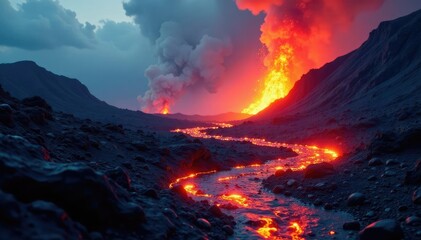 Fototapeta premium Volcanic eruption landscape with lava streams, ash, heat, flow