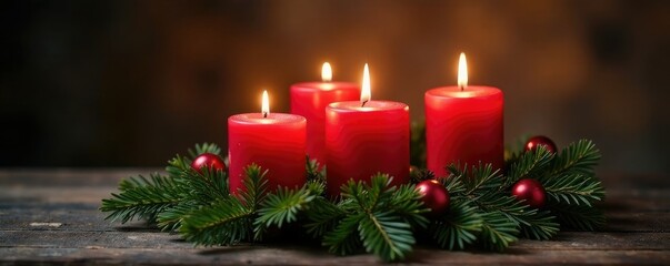 Adventskranz mit vier roten brennenden Kerzen, candles, evergreen