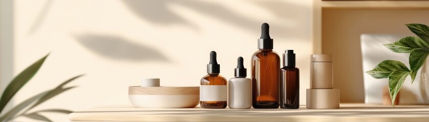 Amber Glass Bottles And Wooden Cosmetic Display