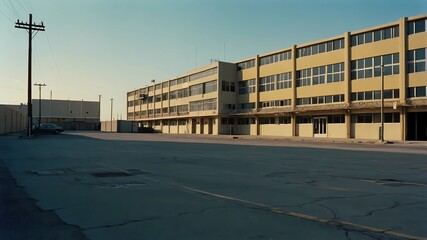 Obraz premium Abandoned Industrial Building With Cracked Parking Lot And Faded Exterior