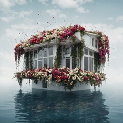 A surreal floating house with a waterfall of flowers spilling from the windows, white background.