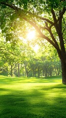 Sunny park with lush green trees and grass, ideal for relaxation or recreation