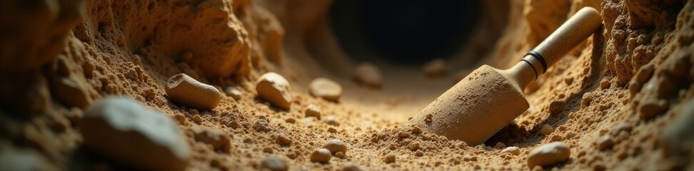 Archeologist's toolkit in a dusty excavation chamber, artifacts, shovel, spade