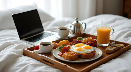 A cozy breakfast in bed on a wooden tray with a drink, surrounded by a laptop on soft white bedding, adding a modern touch, creating a warm, cozy atmosphere, perfect for a relaxing morning.