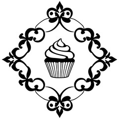 Elegant, black and white cupcake illustration in ornate frame.