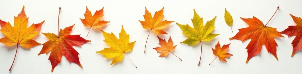 Fototapeta premium Autumn maple leaves in shades of golden brown and green on a pristine white surface, fall, nature photography, tree leaves