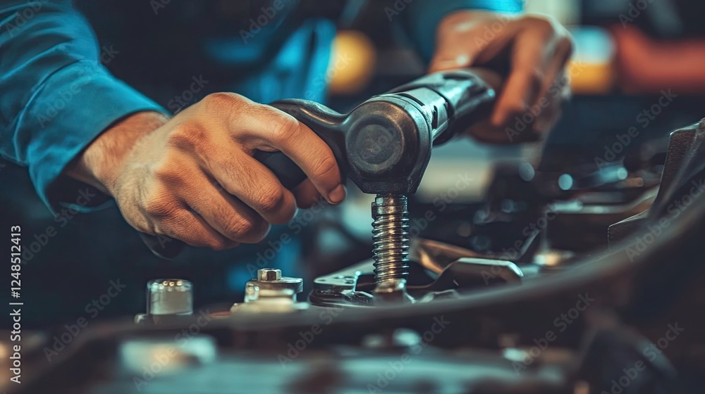 Poster mechanic repairing car engine using specialized tool