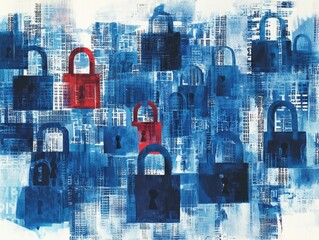 Abstract artwork depicting numerous blue and two red padlocks amidst a cityscape texture.