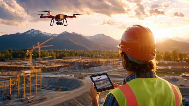 Construction Worker Operating Drone at Building Site with Mountain Background During Sunset, Technology in Construction Industry
