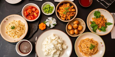 Asian cuisine delicacies served on a sleek black stone slab from a top view, menu, dining