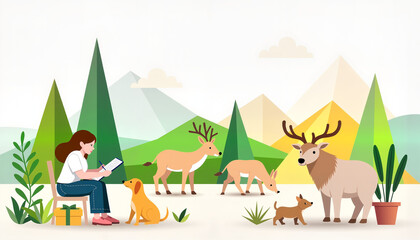 Obraz premium Woman reading in nature surrounded by deer and dog
