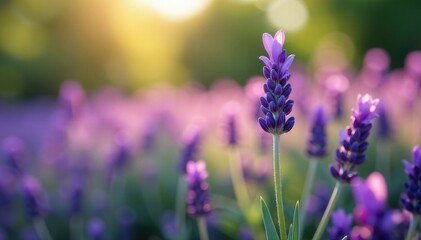 Obraz premium Delicate lavender sprouting from the ground in a summer field, purple flowers, flowers landscape, lavender