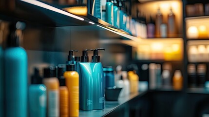 Teal hair product bottles displayed on shelf in salon