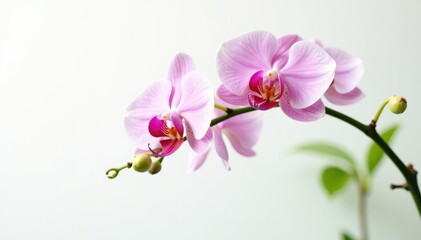 Fototapeta premium Delicate orchid branch with curved stems and lush green leaves against a crisp white background, flowers, orchids, wallpaper