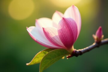 Delicate pink and white petal unfolding on a branch in the morning light, green, petals, white