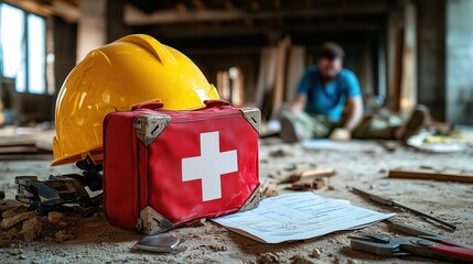 First Aid Kit and Safety Helmet on Construction Site with Worker in Background, Focus on Safety and Preparedness in Building Environment