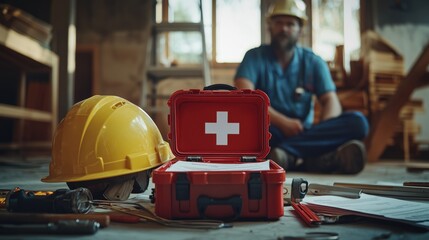 Fototapeta premium Close-Up of Construction Site with First Aid Kit, Hard Hat, and Carpenter Tools Highlighting Safety Measures in Woodworking Environment