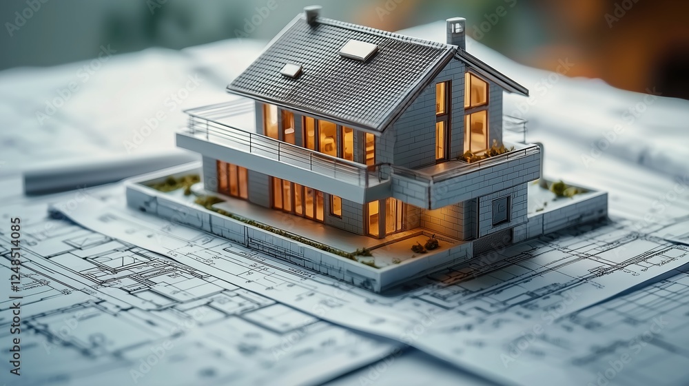 Poster detailed architectural model of a modern house on blueprint with warm lighting and clear structure i