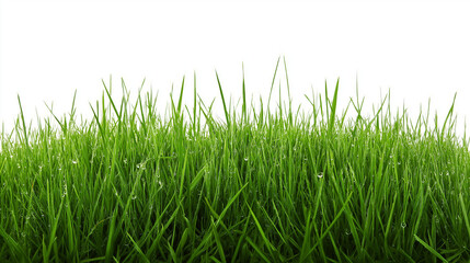 Obraz premium Verdant grass blades glistening with morning dew, highlighting natural growth and freshness against pristine white background, ideal for eco friendly design concepts