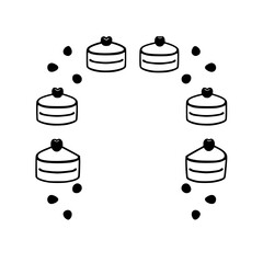 Simple, Black and White Illustration of Cakes and Berries in a Semi-Circle Arrangement.