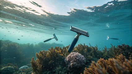 ocean plastic pollution concept, Underwater razors amidst coral reef scenery
