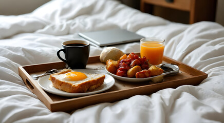 A cozy breakfast in bed on a wooden tray with a drink, surrounded by a laptop on soft white bedding, adding a modern touch, creating a warm, cozy atmosphere, perfect for a relaxing morning.