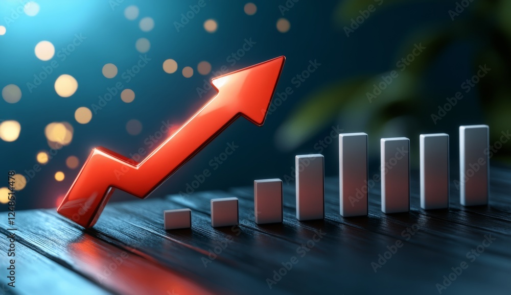 Poster 3d glowing red arrow rising with upward trend graph on dark blue background with floating light part