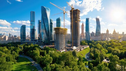 Obraz premium Modern Urban Landscape with Skyscrapers Under Construction Amidst Lush Green Park and Scenic Skyline Beneath Bright Blue Sky
