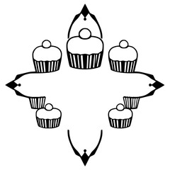 Symmetrical black and white illustration of cupcakes in a radial, ornate design with a simple line art style.