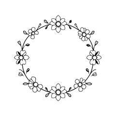 A minimalist floral wreath illustration: a black and white outline of a circular floral wreath.