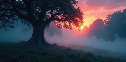 Mysterious fog clings to ancient tree trunks at dusk, branches, trees