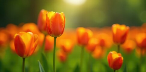 Fototapeta premium Orange tulip flower in a field of green grass, bloom, tulips