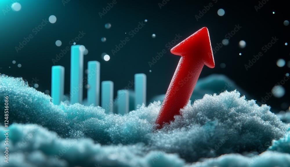 Poster 3d glowing red arrow rising with upward trend graph on dark blue background with floating light part
