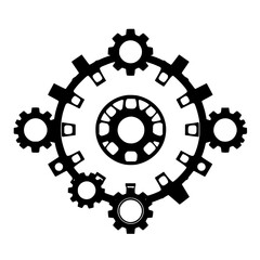 Black silhouette of interlocking gears, arranged in a circular pattern against a white background, with a central gear and satellite gears.