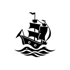 A stylized black and white illustration of a sailing ship navigating a stylized sea. The ship's silhouette on a white background, evokes adventure and the ocean.