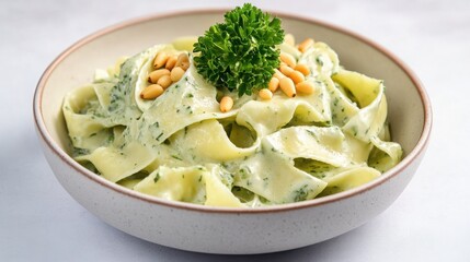 A mouthwatering bowl of fettuccine pasta coated in a velvety spinach cream sauce