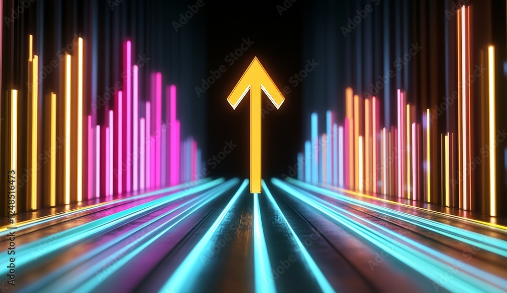 Poster holographic arrow with rising line graph and glowing text