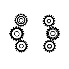 Illustrative arrangement of cogs or gears, the gear wheels, and the cogs in black on a white background,
