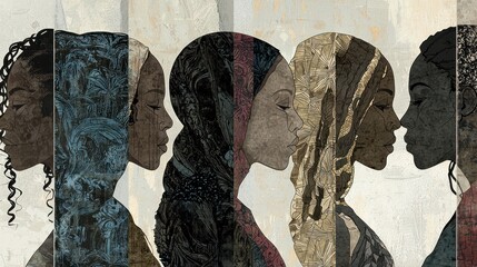 Profile portraits of diverse women, contemplative poses, abstract background, for use in social justice, empowerment themes