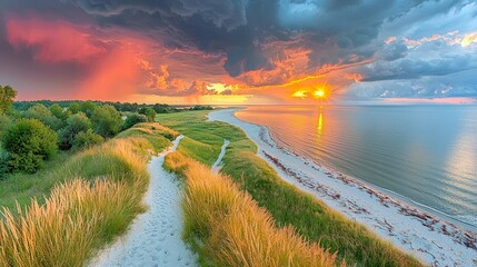 Obraz premium Stunning sunset over sandy beach and dunes, vibrant colors paint the sky and ocean. A peaceful path leads to the tranquil shore. Perfect summer vacation scene.