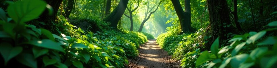 Fototapeta premium Overgrown path with thick undergrowth and vines, growth, jungle, plants