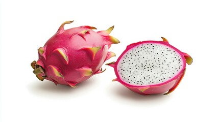 Vibrant pink dragon fruit whole and halved displayed on white surface