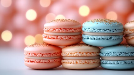 Fototapeta premium Pastel macarons festive lights background