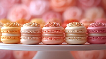 Fototapeta premium Pastel macarons on cake stand, rose backdrop, dessert display